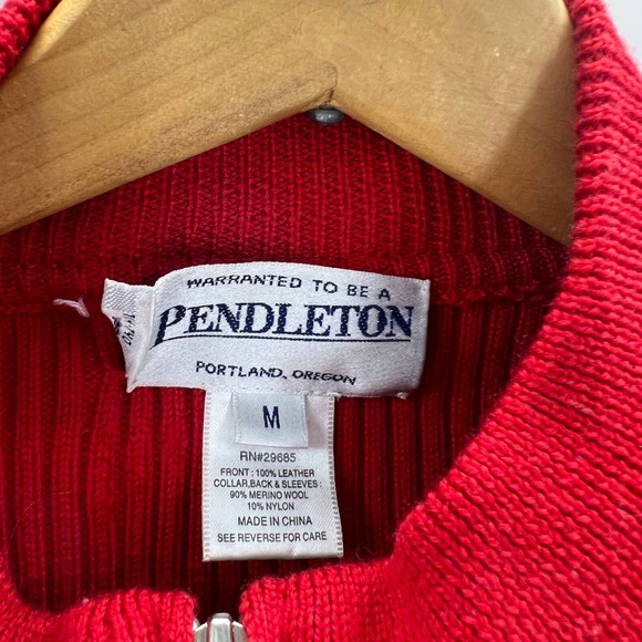 Pendleton Oregon Vintage Wool Leather Sweater Jacket Solid Red Zippered Medium - Picture 3 of 9